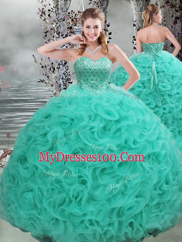 Free and Easy Fabric With Rolling Flowers Sweetheart Sleeveless Brush Train Lace Up Beading Ball Gown Prom Dress in Turquoise