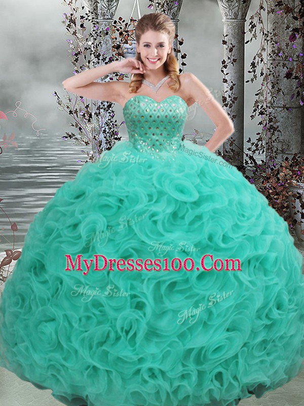 Free and Easy Fabric With Rolling Flowers Sweetheart Sleeveless Brush Train Lace Up Beading Ball Gown Prom Dress in Turquoise