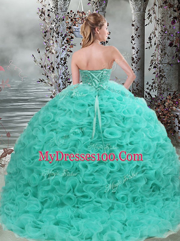 Free and Easy Fabric With Rolling Flowers Sweetheart Sleeveless Brush Train Lace Up Beading Ball Gown Prom Dress in Turquoise