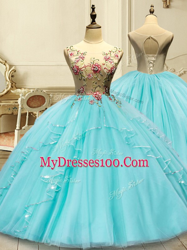 Super Aqua Blue Lace Up Scoop Appliques Ball Gown Prom Dress Tulle Sleeveless