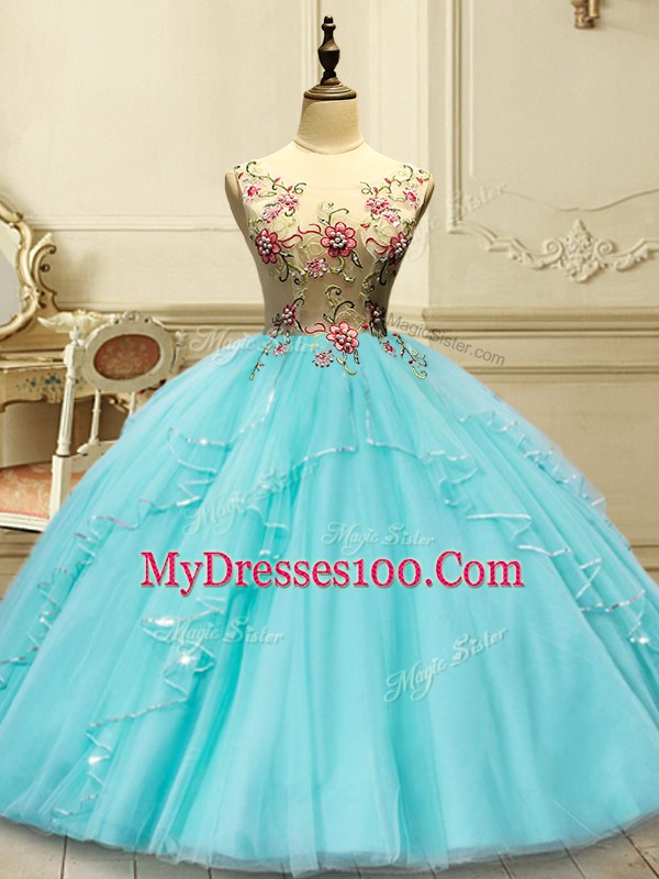 Super Aqua Blue Lace Up Scoop Appliques Ball Gown Prom Dress Tulle Sleeveless