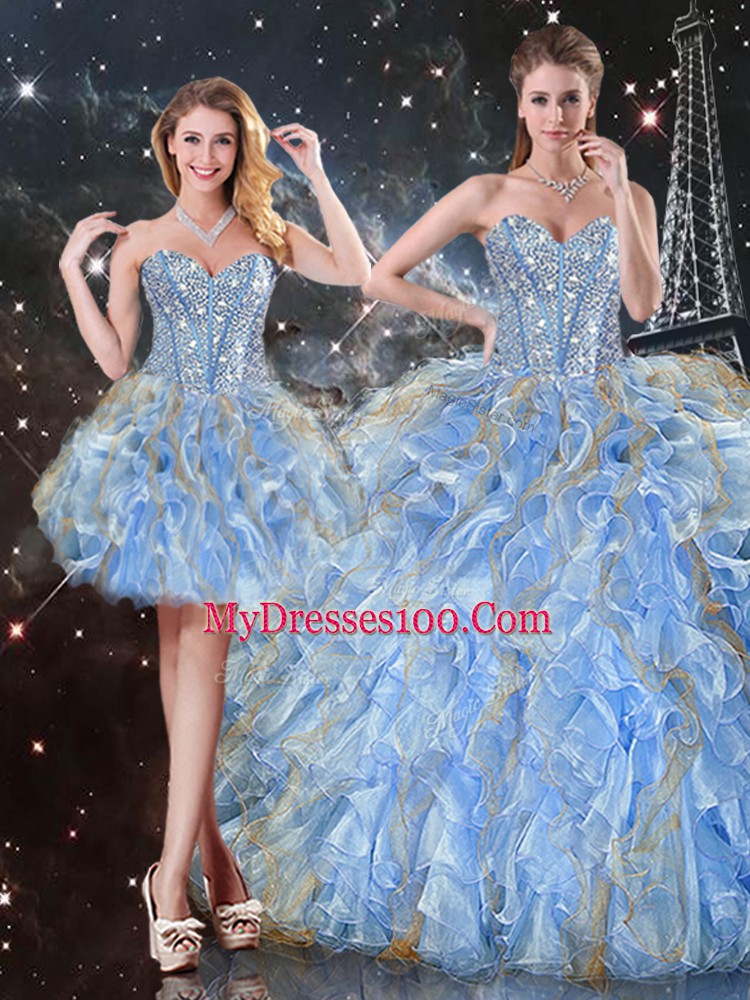 Light Blue Sleeveless Floor Length Beading and Ruffles Lace Up Ball Gown Prom Dress