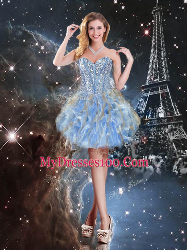 Light Blue Sleeveless Floor Length Beading and Ruffles Lace Up Ball Gown Prom Dress