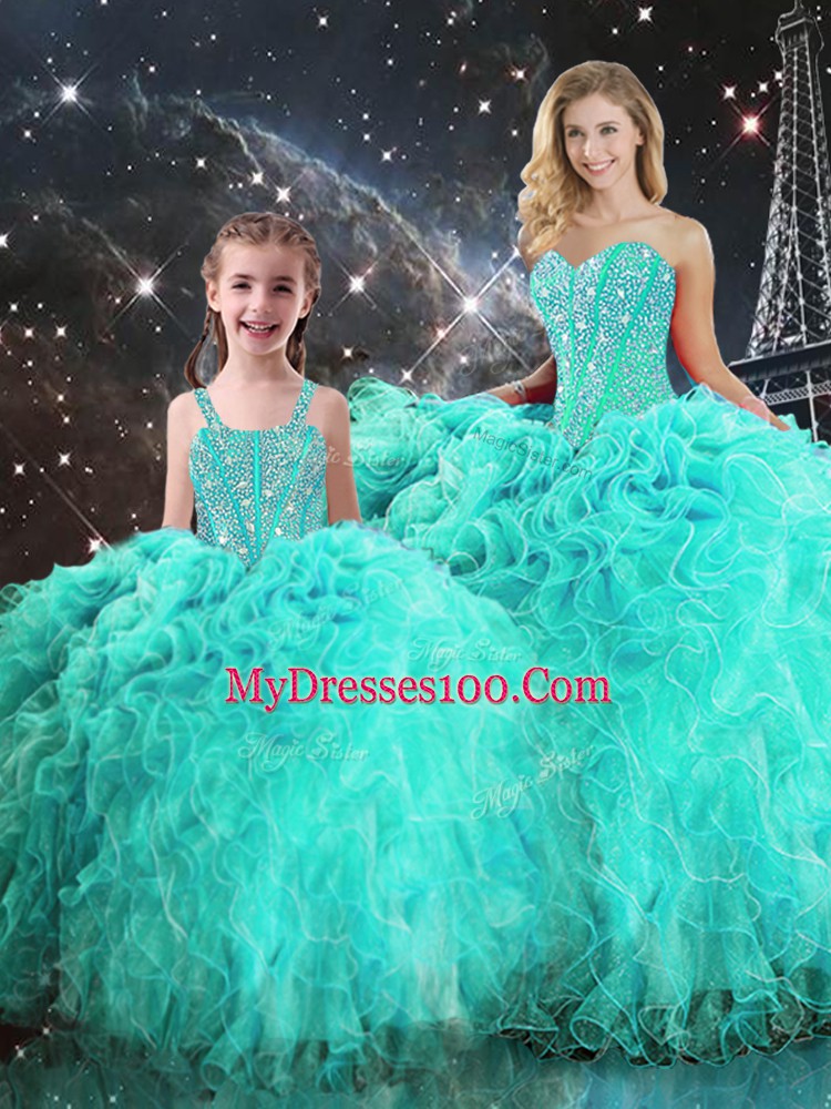 Sweet Turquoise Ball Gowns Beading and Ruffles Quince Ball Gowns Lace Up Organza Sleeveless Floor Length