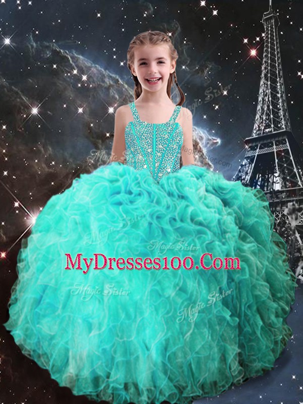Sweet Turquoise Ball Gowns Beading and Ruffles Quince Ball Gowns Lace Up Organza Sleeveless Floor Length