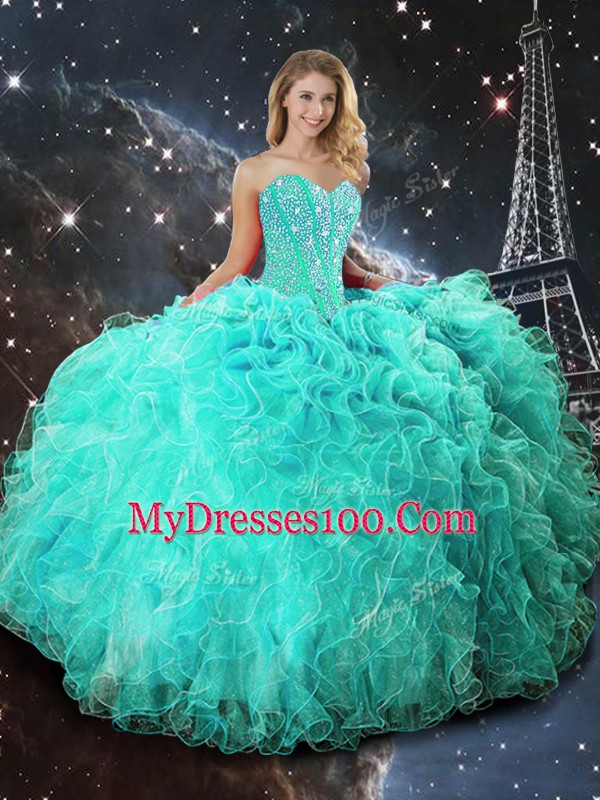 Sweet Turquoise Ball Gowns Beading and Ruffles Quince Ball Gowns Lace Up Organza Sleeveless Floor Length