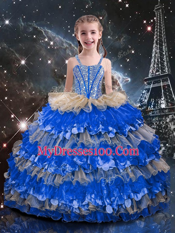 Floor Length Multi-color Pageant Gowns For Girls Organza Sleeveless Beading and Ruffled Layers