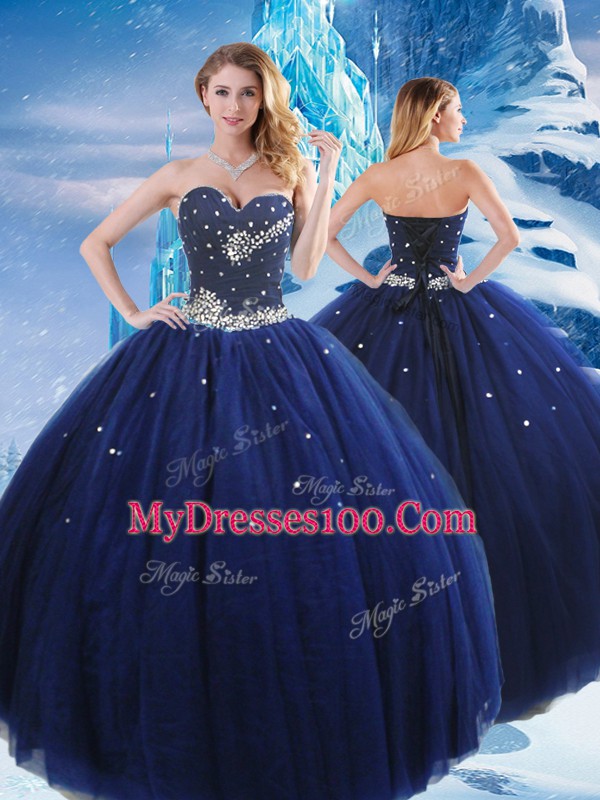 Ball Gowns 15 Quinceanera Dress Navy Blue Sweetheart Tulle Sleeveless Floor Length Lace Up