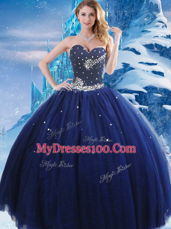 Ball Gowns 15 Quinceanera Dress Navy Blue Sweetheart Tulle Sleeveless Floor Length Lace Up