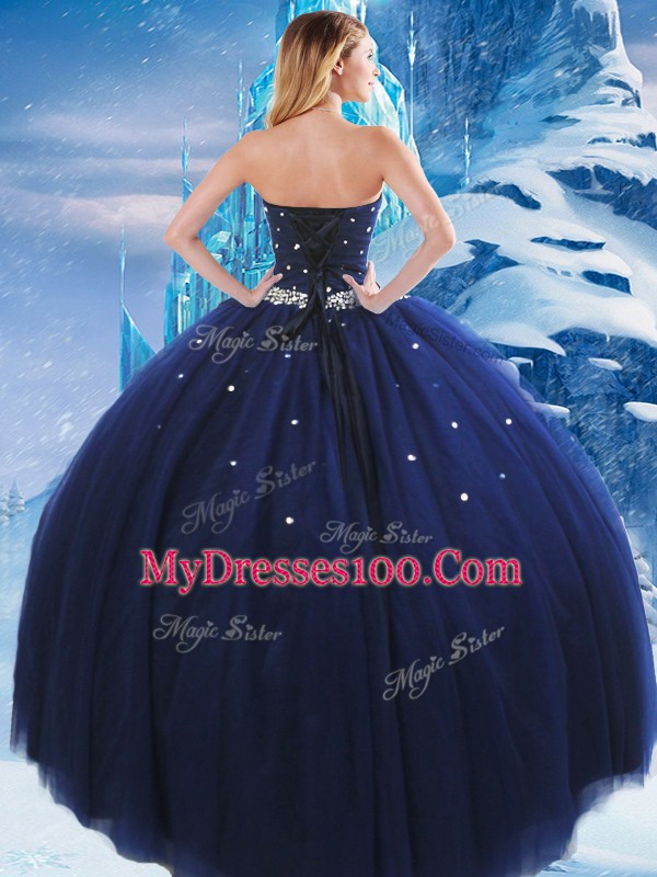 Ball Gowns 15 Quinceanera Dress Navy Blue Sweetheart Tulle Sleeveless Floor Length Lace Up