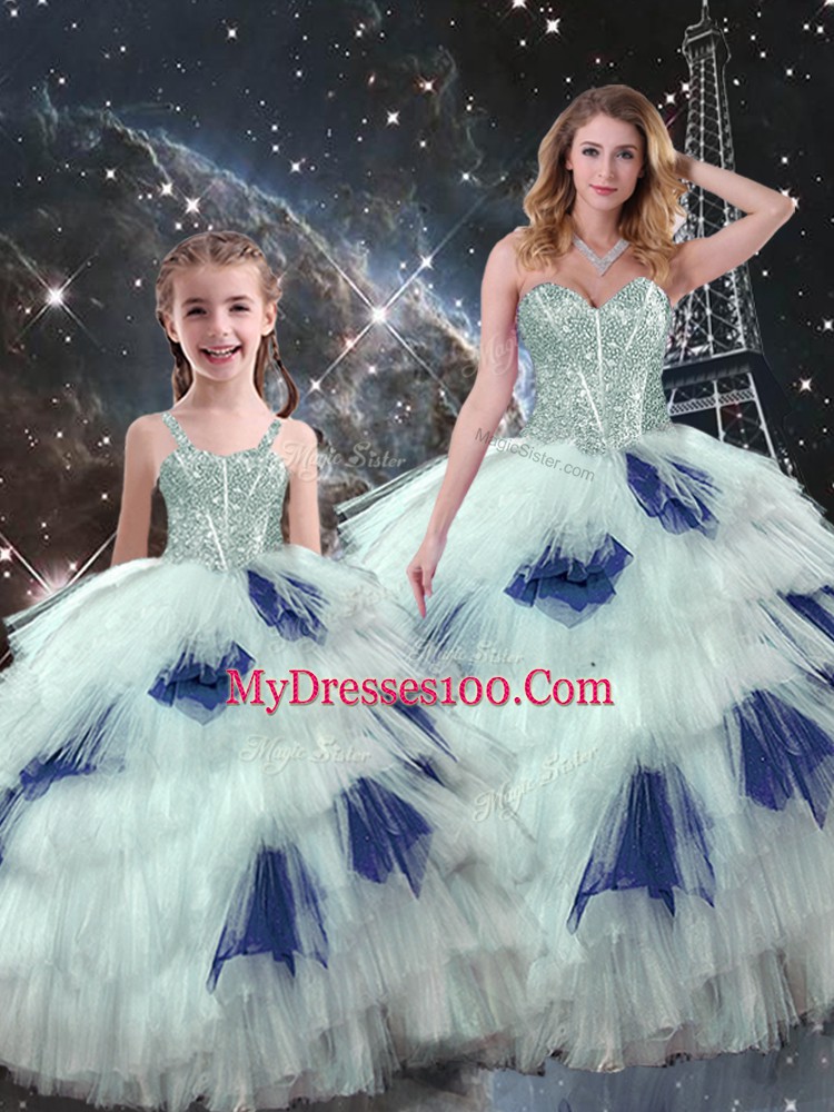 Blue And White Sleeveless Organza Lace Up Quinceanera Gowns
