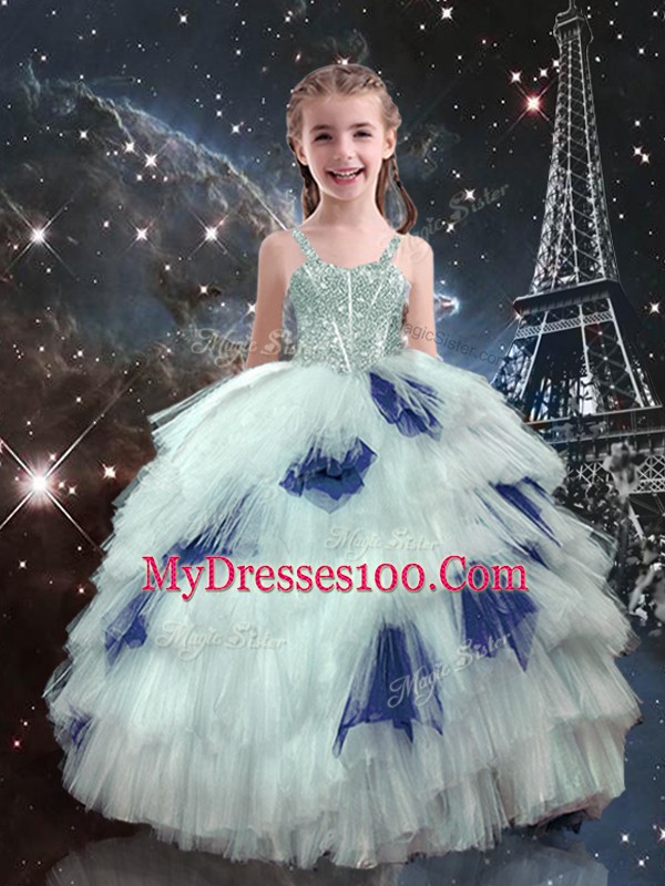 Blue And White Sleeveless Organza Lace Up Quinceanera Gowns