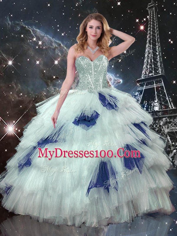 Blue And White Sleeveless Organza Lace Up Quinceanera Gowns
