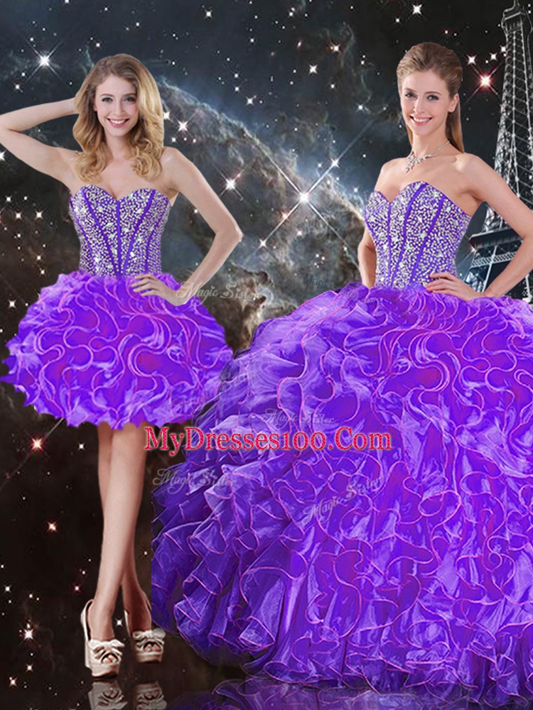 Exquisite Organza Sweetheart Sleeveless Lace Up Beading and Ruffles Quinceanera Dress in Eggplant Purple