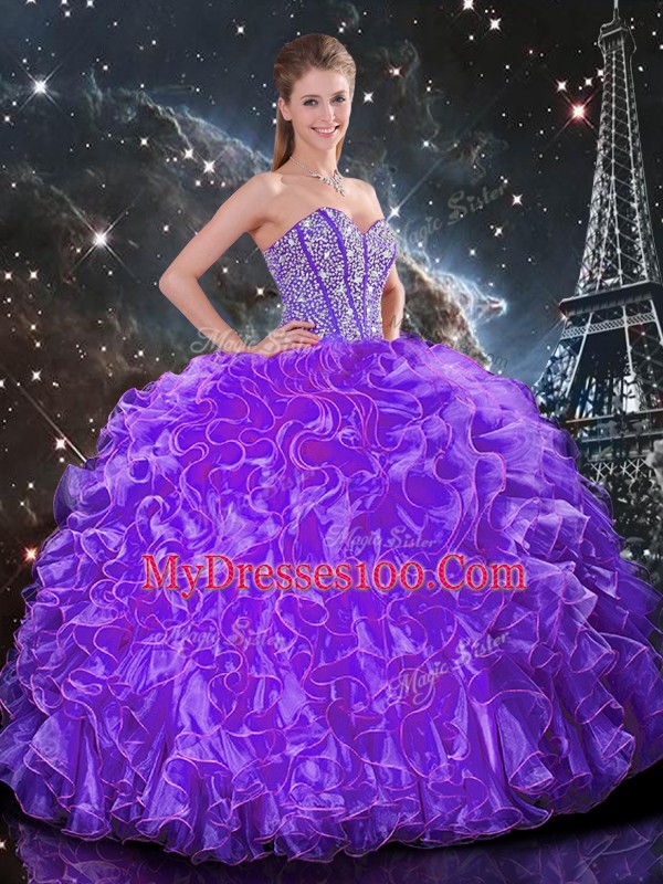 Exquisite Organza Sweetheart Sleeveless Lace Up Beading and Ruffles Quinceanera Dress in Eggplant Purple
