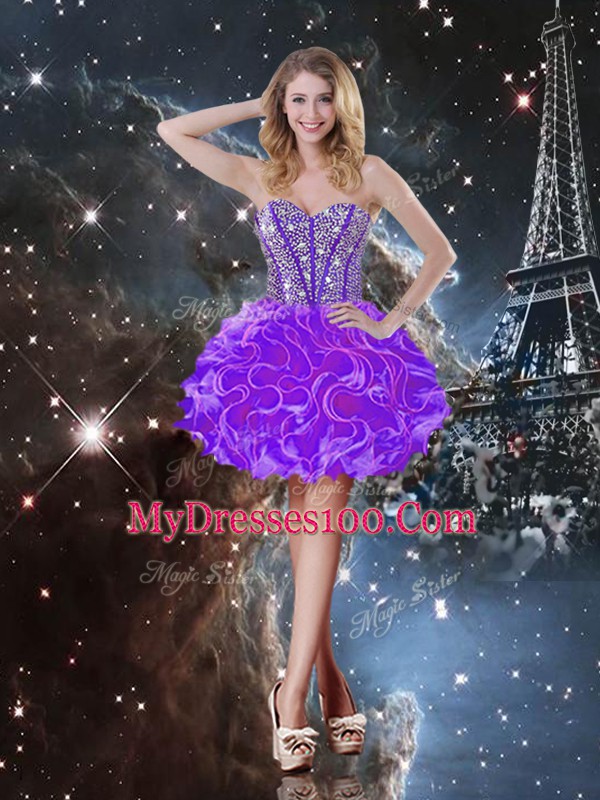 Exquisite Organza Sweetheart Sleeveless Lace Up Beading and Ruffles Quinceanera Dress in Eggplant Purple