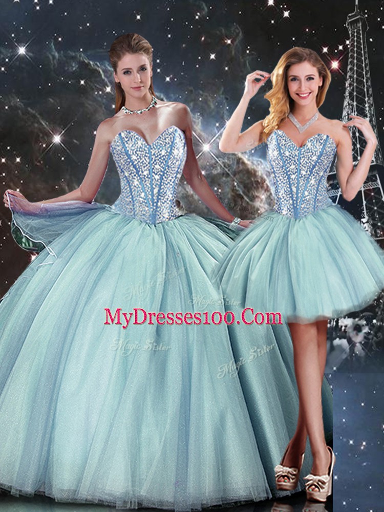 Noble Sleeveless Floor Length Beading Lace Up Quinceanera Dress with Light Blue