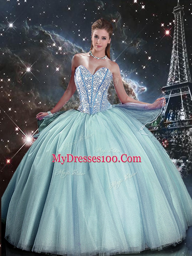 Noble Sleeveless Floor Length Beading Lace Up Quinceanera Dress with Light Blue