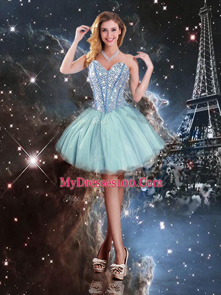 Noble Sleeveless Floor Length Beading Lace Up Quinceanera Dress with Light Blue