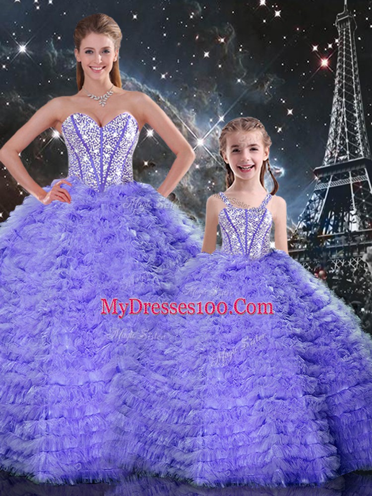 Lavender Sleeveless Tulle Lace Up Quinceanera Gowns for Military Ball and Sweet 16 and Quinceanera