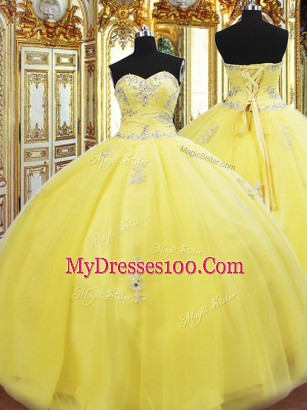 Gold Sleeveless Floor Length Beading and Appliques Lace Up Quinceanera Dress