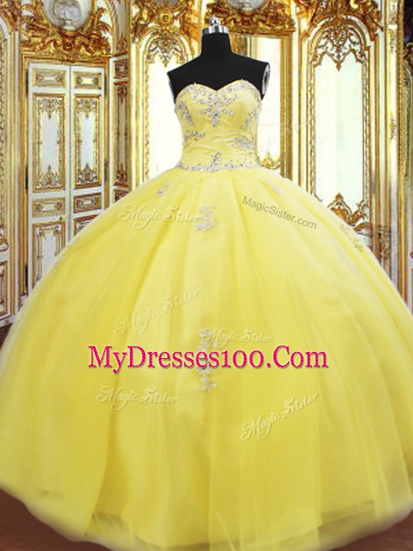 Gold Sleeveless Floor Length Beading and Appliques Lace Up Quinceanera Dress
