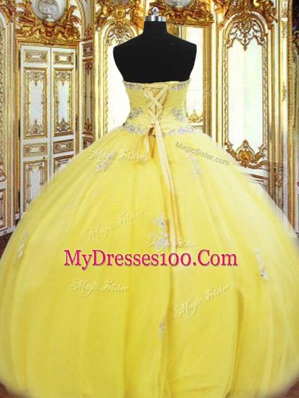 Gold Sleeveless Floor Length Beading and Appliques Lace Up Quinceanera Dress