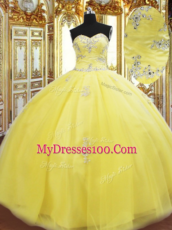 Gold Sleeveless Floor Length Beading and Appliques Lace Up Quinceanera Dress