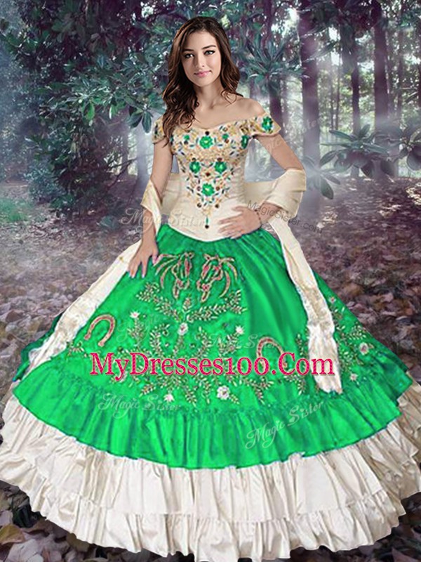 Graceful Floor Length Green 15 Quinceanera Dress Taffeta Sleeveless Embroidery and Ruffled Layers