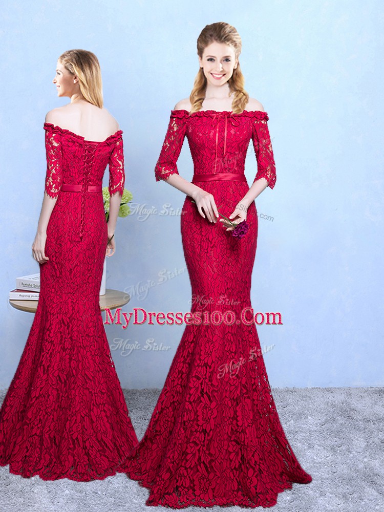 Edgy Floor Length Mermaid Half Sleeves Wine Red Quinceanera Dama Dress Lace Up