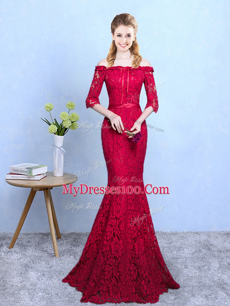 Edgy Floor Length Mermaid Half Sleeves Wine Red Quinceanera Dama Dress Lace Up