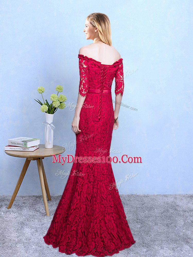 Edgy Floor Length Mermaid Half Sleeves Wine Red Quinceanera Dama Dress Lace Up