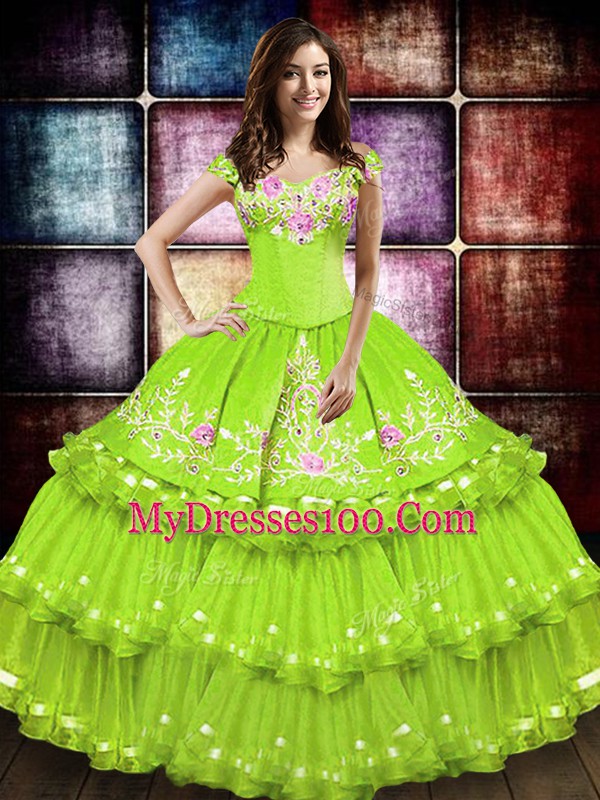 Taffeta Off The Shoulder Sleeveless Lace Up Embroidery and Ruffled Layers Sweet 16 Quinceanera Dress in Yellow Green
