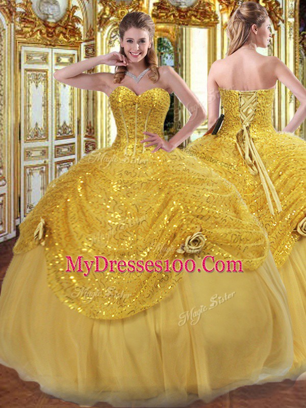 Romantic Sweetheart Sleeveless Lace Up Vestidos de Quinceanera Gold Tulle