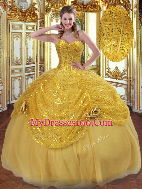 Romantic Sweetheart Sleeveless Lace Up Vestidos de Quinceanera Gold Tulle