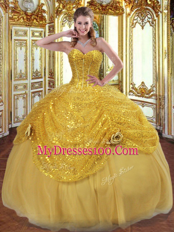 Romantic Sweetheart Sleeveless Lace Up Vestidos de Quinceanera Gold Tulle