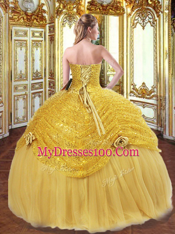 Romantic Sweetheart Sleeveless Lace Up Vestidos de Quinceanera Gold Tulle