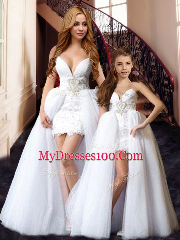 Luxurious Sleeveless Tulle Floor Length Lace Up Homecoming Dress in White with Beading and Lace