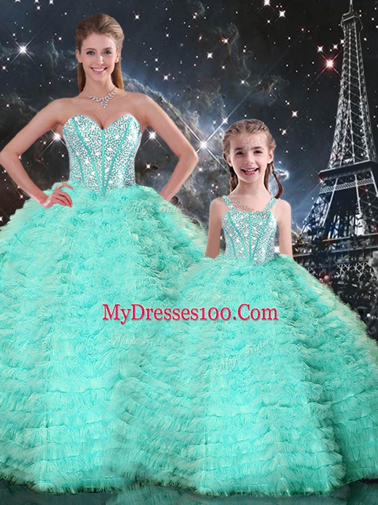 Artistic Apple Green Tulle Lace Up 15th Birthday Dress Sleeveless Floor Length Beading and Ruffles