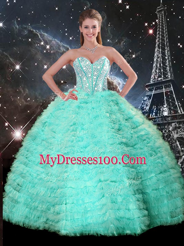Artistic Apple Green Tulle Lace Up 15th Birthday Dress Sleeveless Floor Length Beading and Ruffles