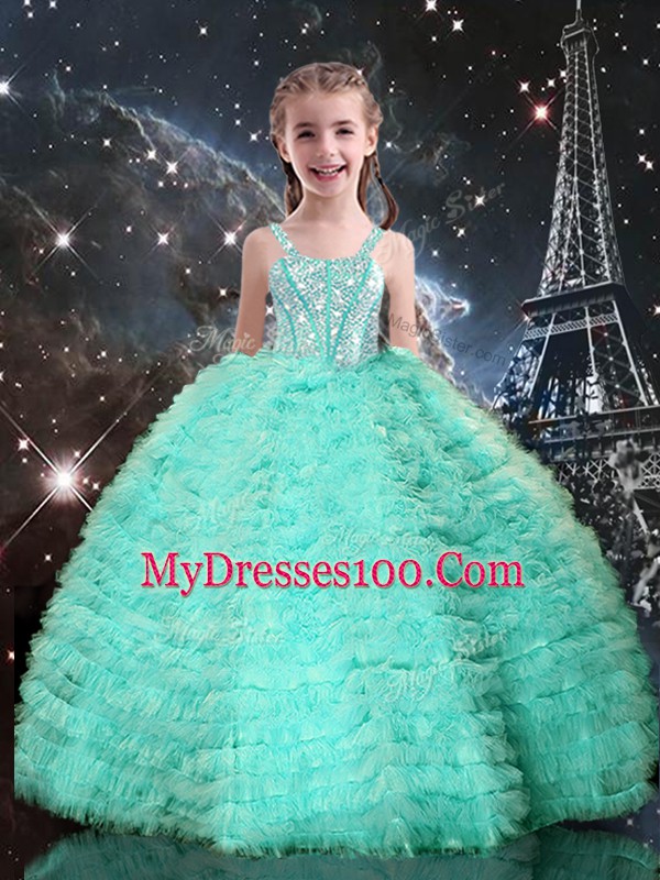 Artistic Apple Green Tulle Lace Up 15th Birthday Dress Sleeveless Floor Length Beading and Ruffles