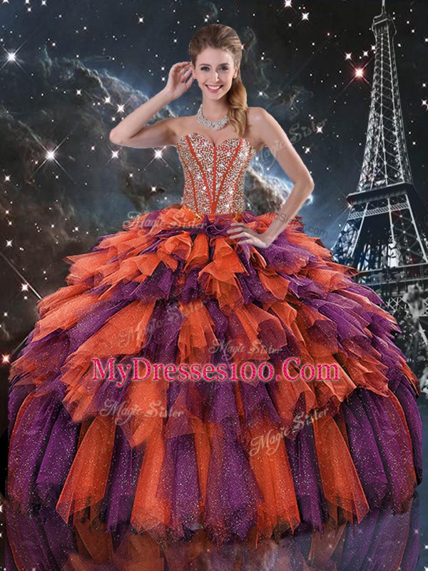 Ideal Beading and Ruffles and Ruffled Layers Ball Gown Prom Dress Multi-color Lace Up Sleeveless Floor Length