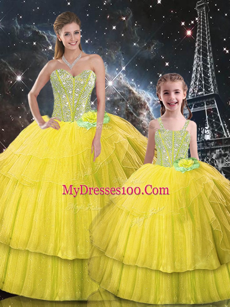 Admirable Gold Sleeveless Floor Length Ruffled Layers Lace Up Quinceanera Gown