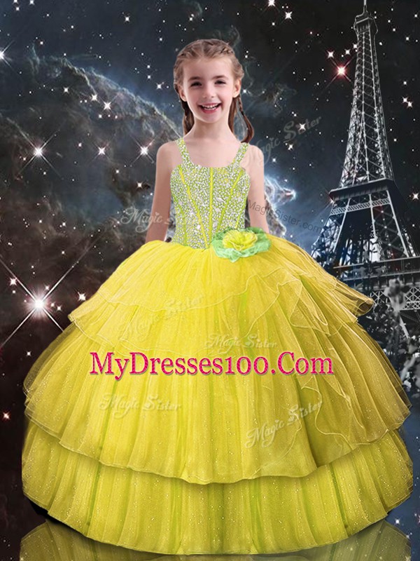 Admirable Gold Sleeveless Floor Length Ruffled Layers Lace Up Quinceanera Gown