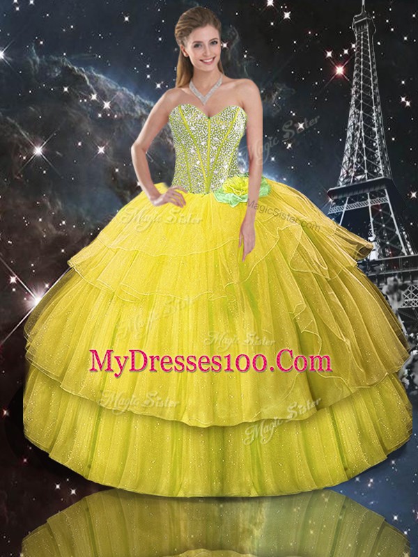 Admirable Gold Sleeveless Floor Length Ruffled Layers Lace Up Quinceanera Gown
