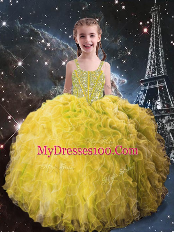 Floor Length Light Yellow Little Girl Pageant Gowns Straps Sleeveless Lace Up