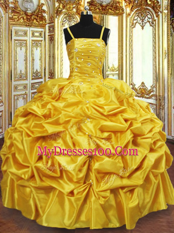 High Quality Gold Sleeveless Beading and Pick Ups Floor Length Quinceanera Dress
