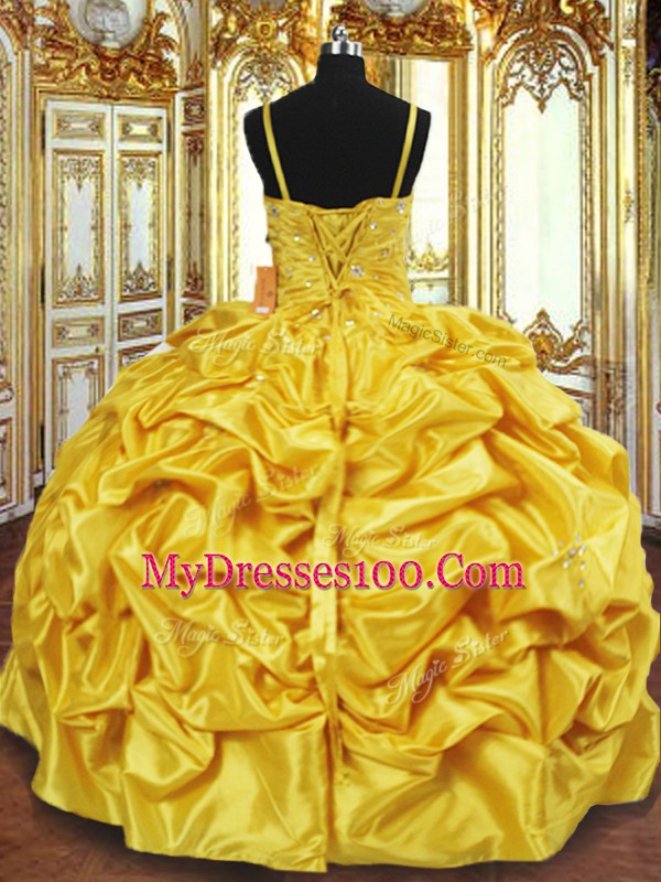 High Quality Gold Sleeveless Beading and Pick Ups Floor Length Quinceanera Dress