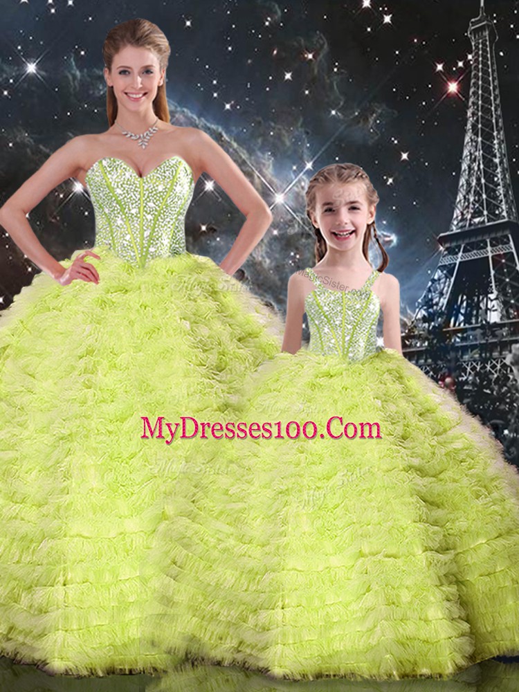 Great Sleeveless Tulle Floor Length Lace Up Quinceanera Gowns in Yellow Green with Beading and Ruffles