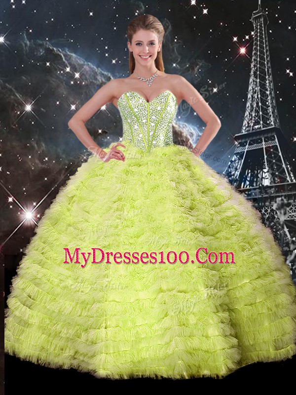 Great Sleeveless Tulle Floor Length Lace Up Quinceanera Gowns in Yellow Green with Beading and Ruffles